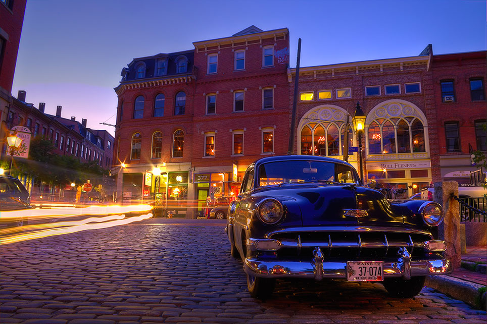 Old Port and old Chevy at Twilight, Portland ME