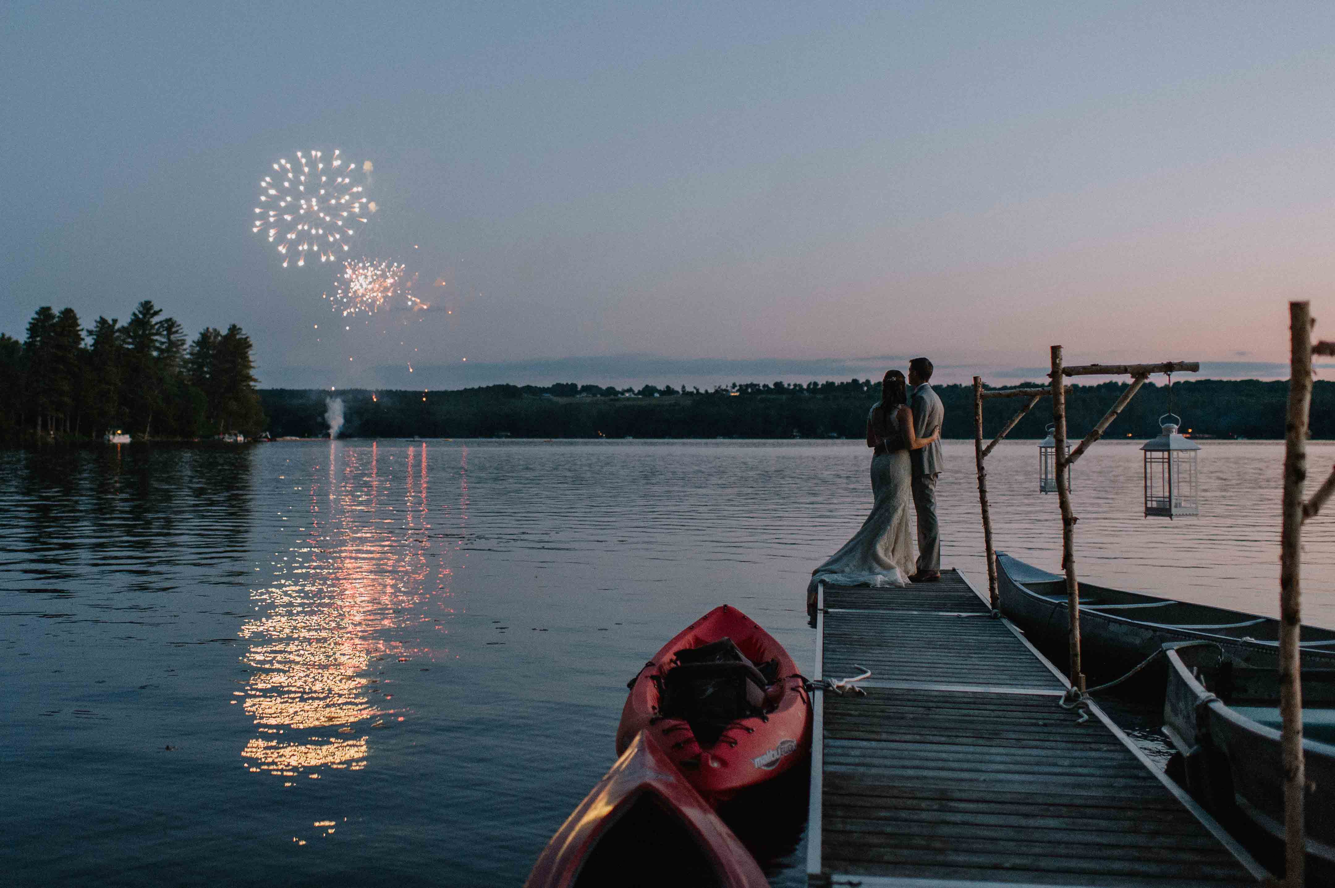 Fireworks overhead during a wedding at Wolf Cove Inn, at a New England-style elopement.