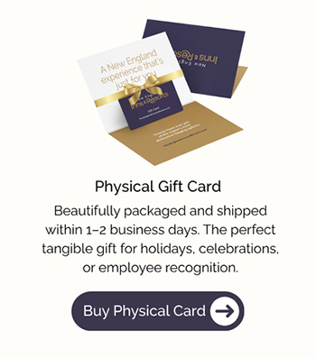 Gift card with a gold ribbon design, navy and white colors, and a "Buy Physical Card" button.