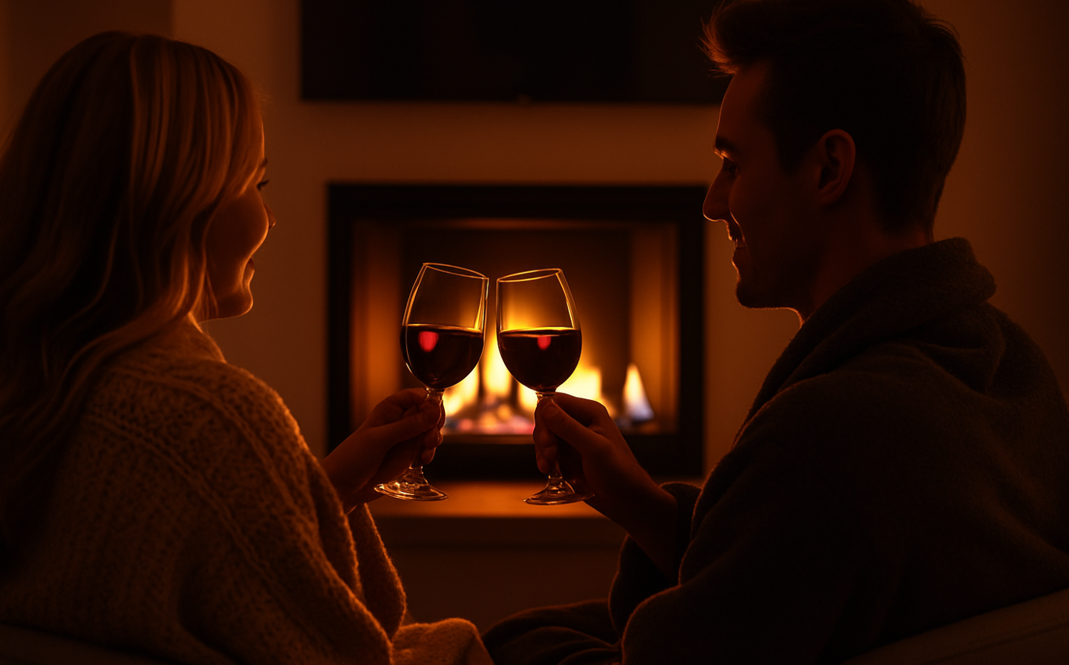 Couple toasting with wine by a cozy fireplace.