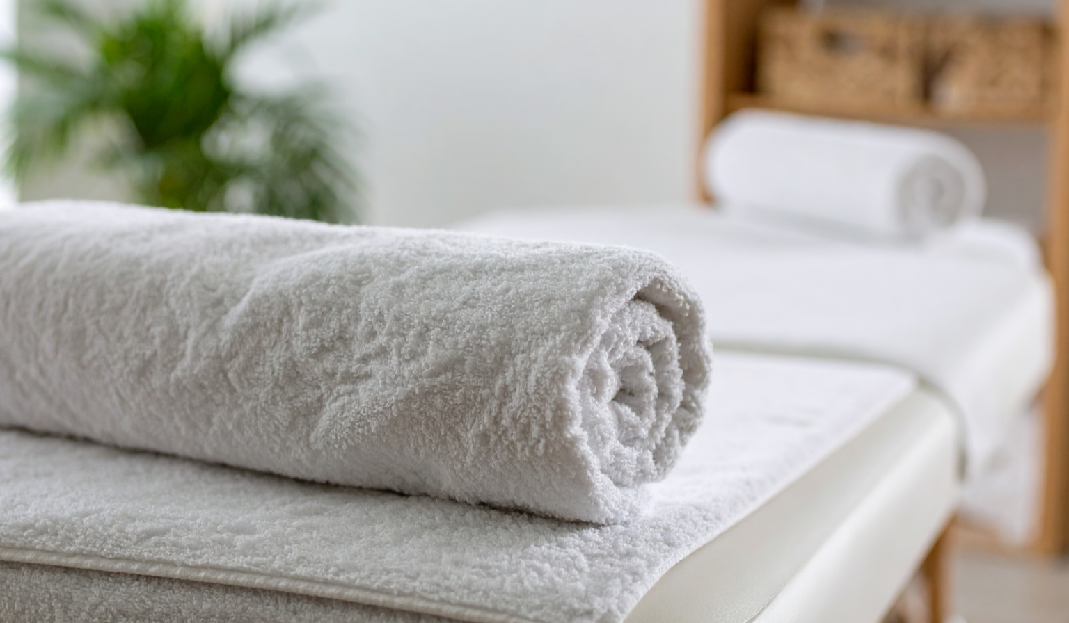 Rolled white towel on a spa bed with plants in the background.