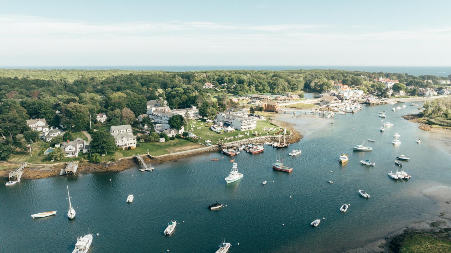 Aerial view of The Nonantum Resort and Kennebunkport, with the resort situated along the coastline.