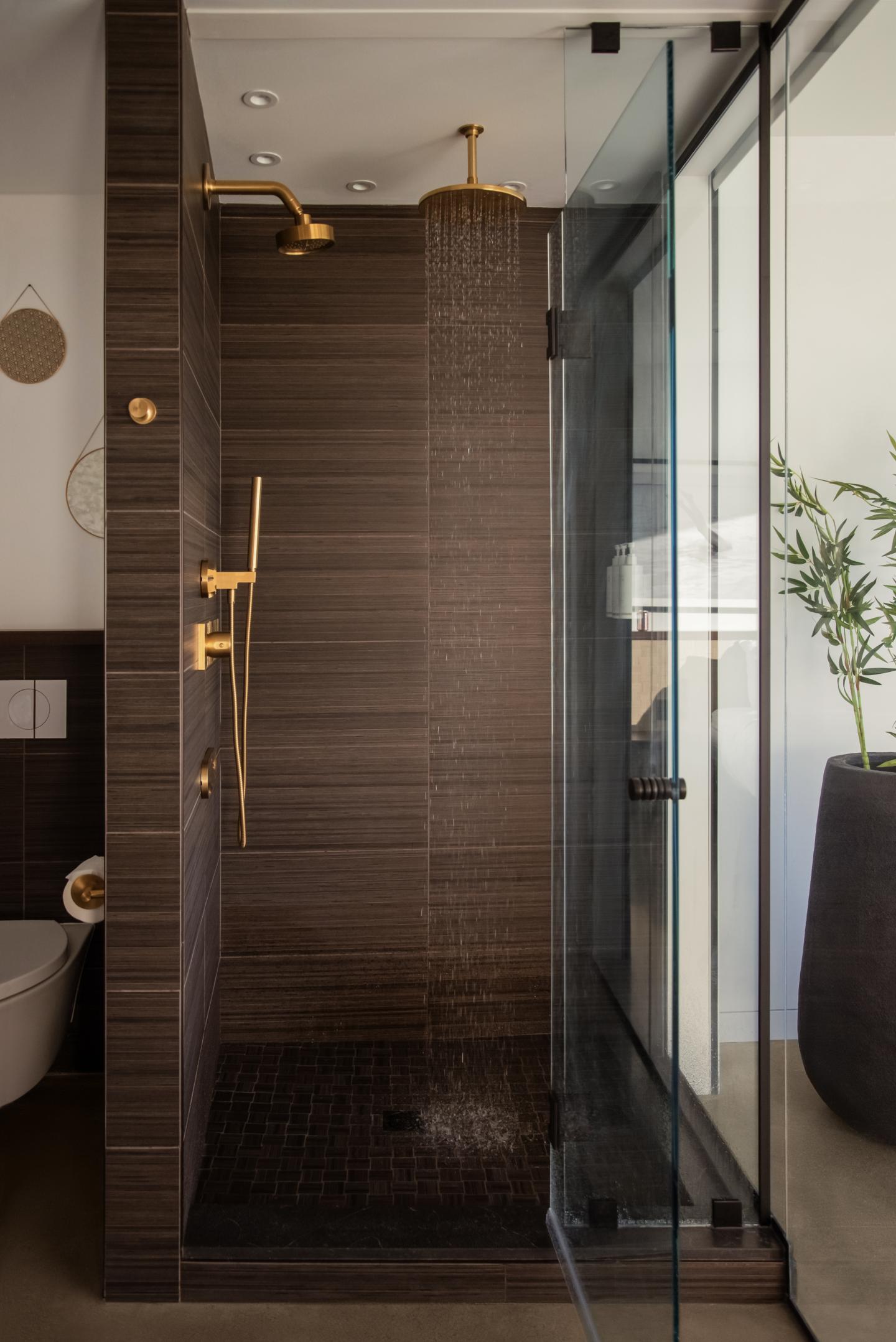 Modern glass shower with dark tiles and gold fixtures.