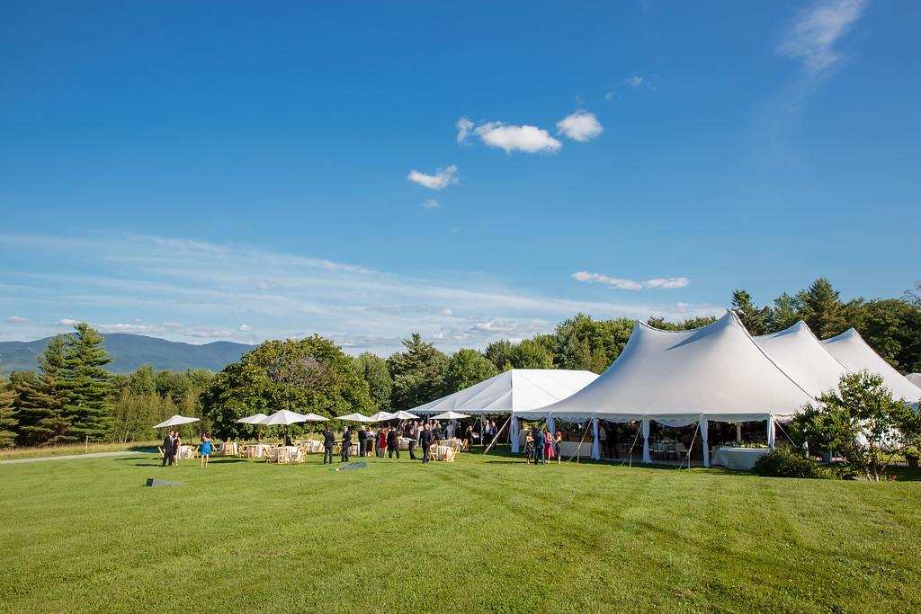 White tents on a green lawn under a clear blue sky.