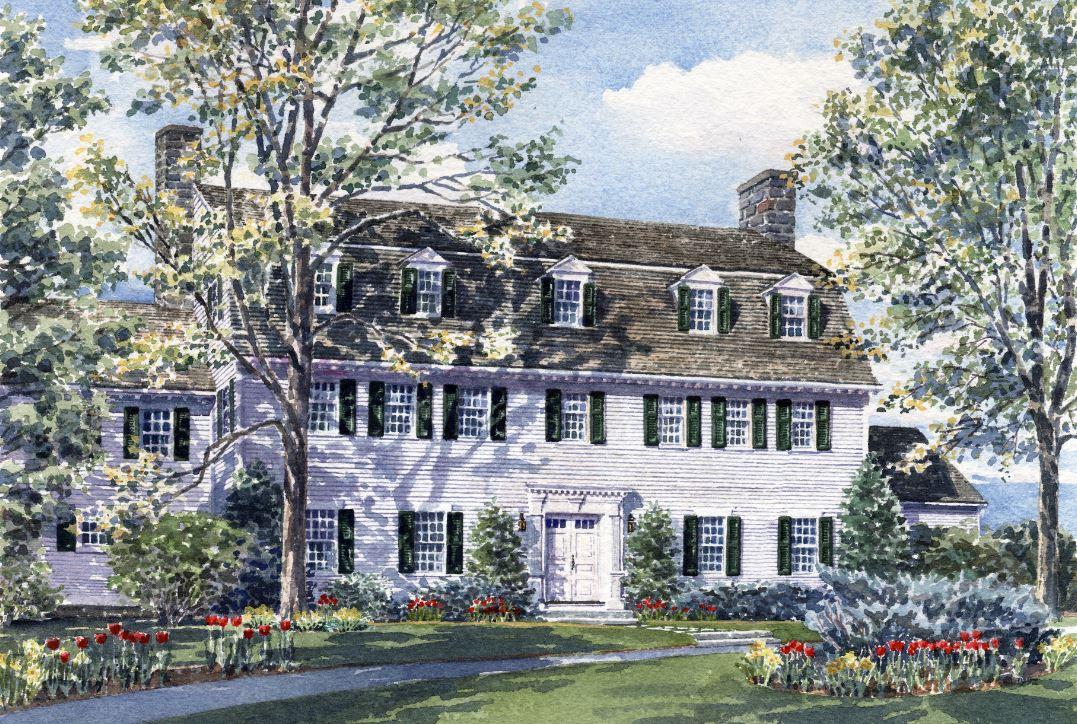 Large white colonial house with green shutters, surrounded by trees and flower gardens.