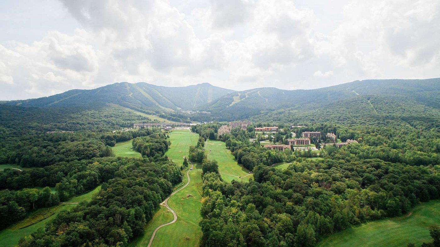 Green valley amid forested hills under cloudy sky.Aerial 04.2025