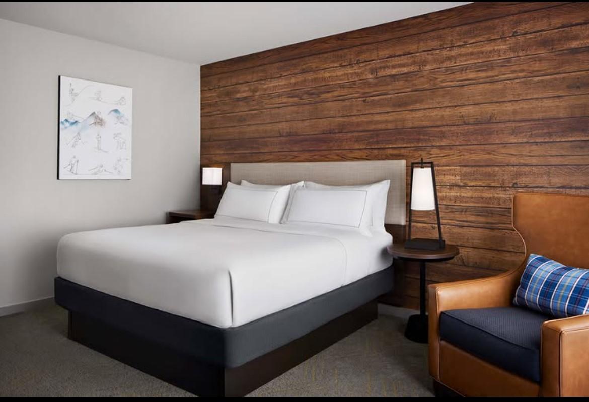 Hotel room with a bed, wooden accent wall, chair, and modern decor.