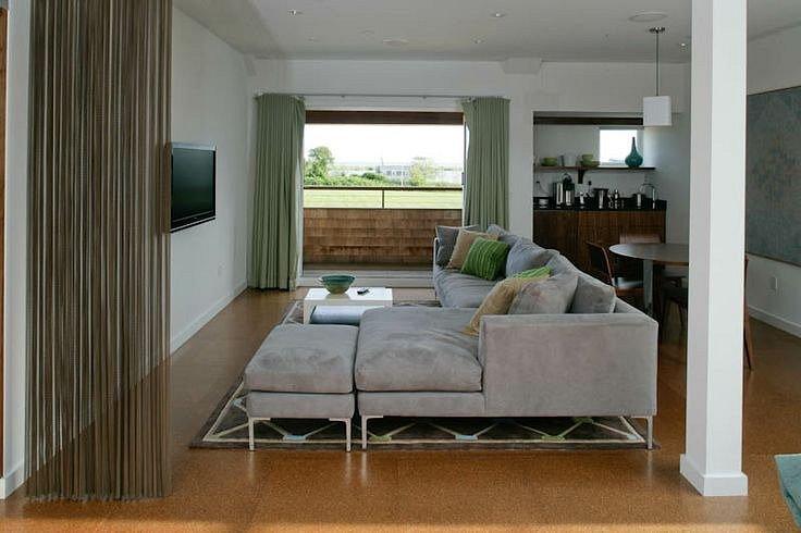 Modern living room with gray sofa, large windows, and a wall-mounted TV.