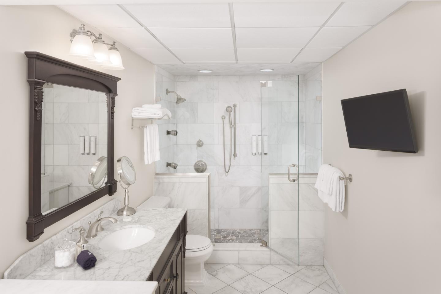Luxurious modern bathroom with marble sink, glass shower, and wall-mounted TV.