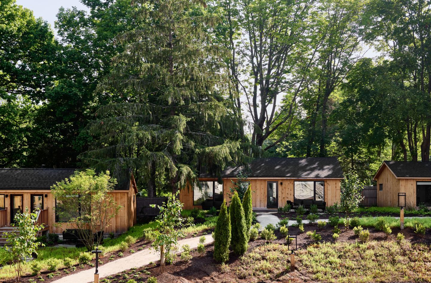Wooden cabins surrounded by lush green trees and plants in a garden setting.