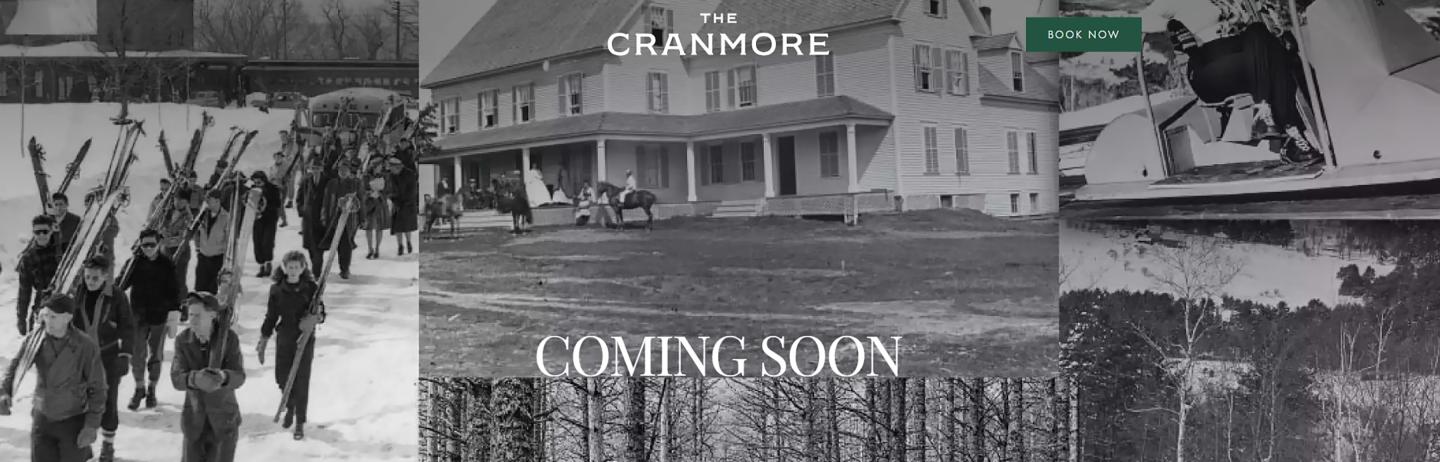 Black-and-white collage of a ski lodge, skiers, and a person on a toboggan.