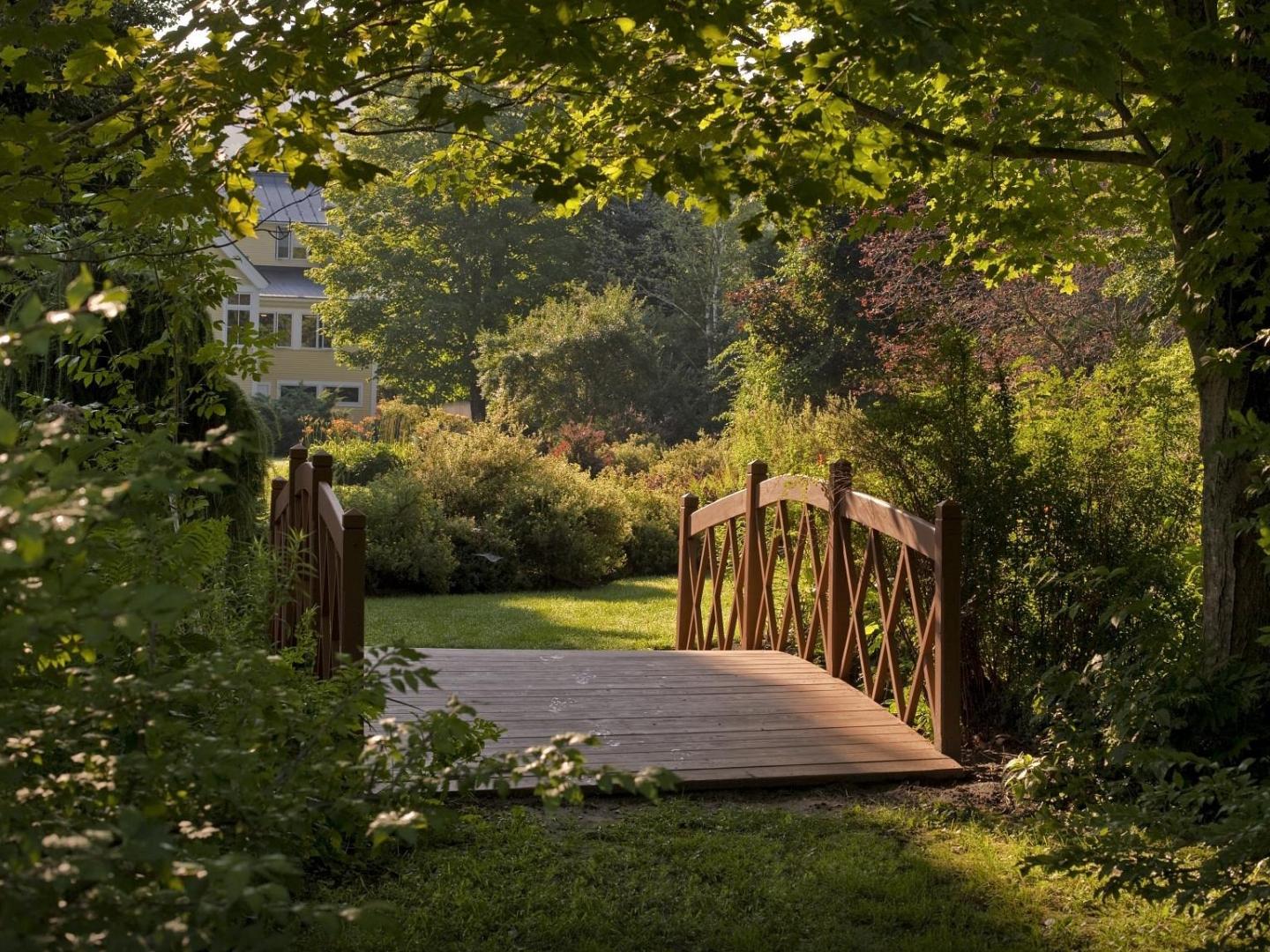 Wooden garden bridge surrounded by lush greenery, leads to a sunlit lawn.