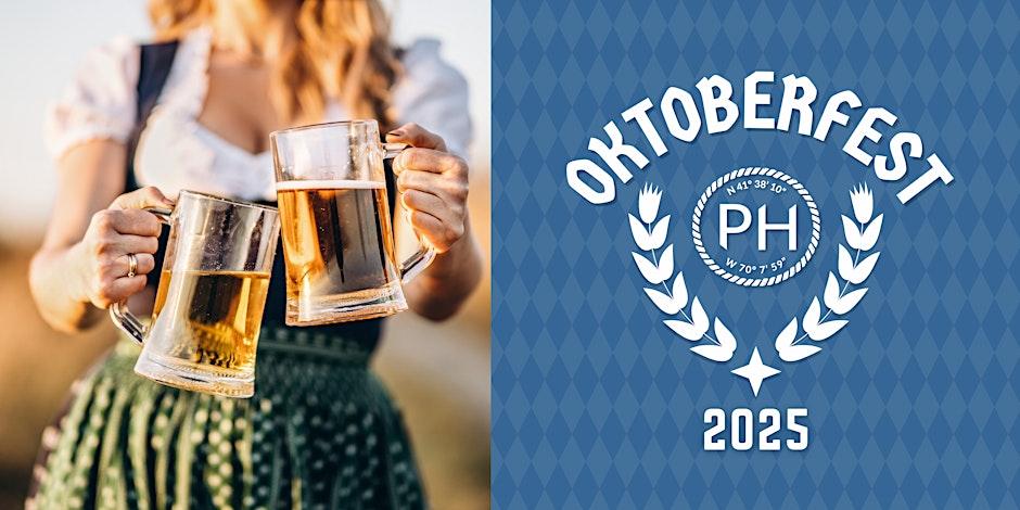 Person holding two beer mugs, Oktoberfest 2025 logo on a blue background.