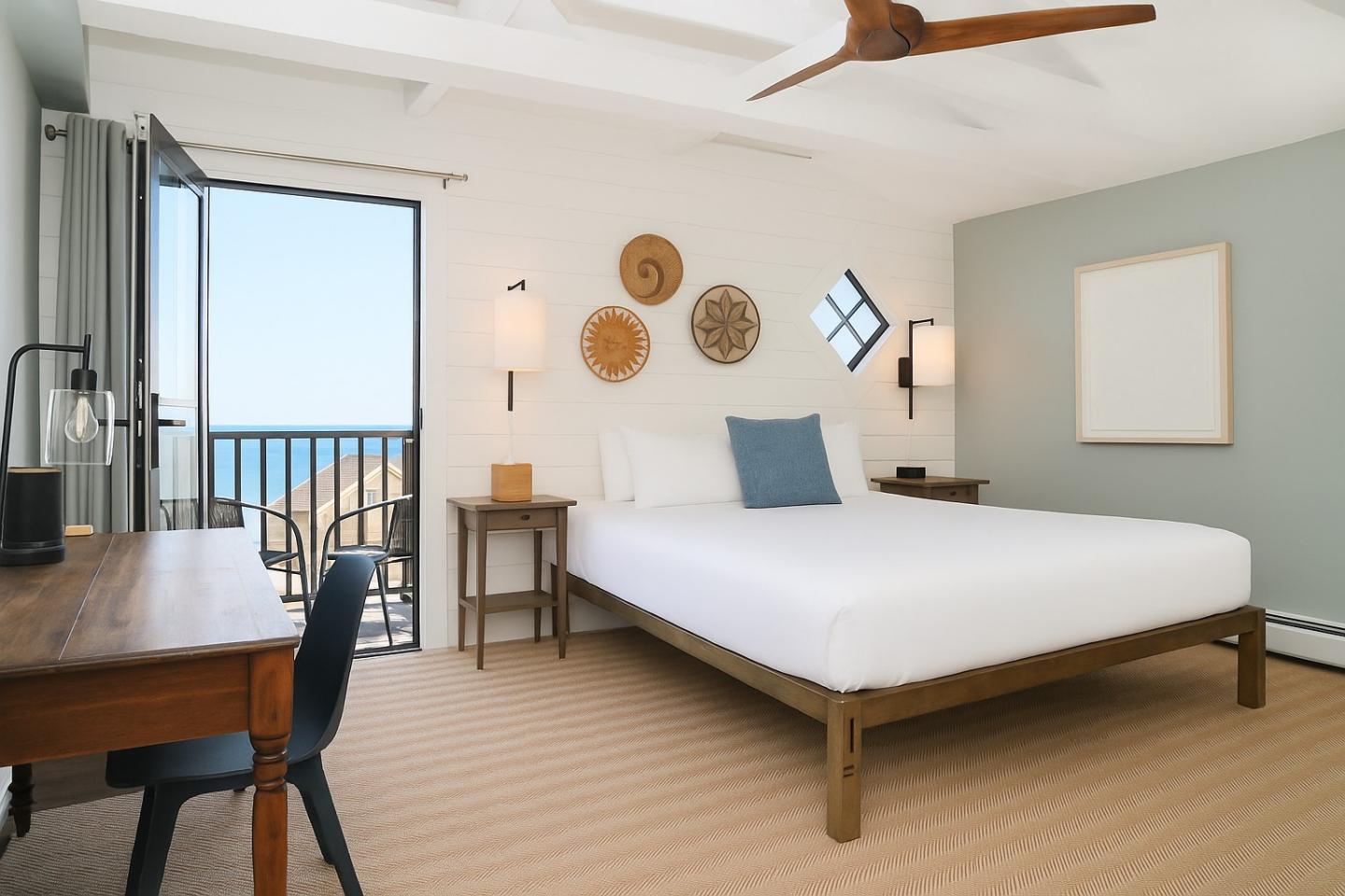 Cozy bedroom with a sea view, white bed, and natural accents.