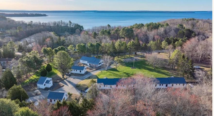 Aerial view of a lakeside village with trees and distant water.