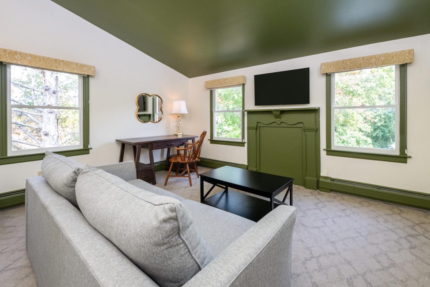 Cozy living room with gray sofa, green accents, and large windows.