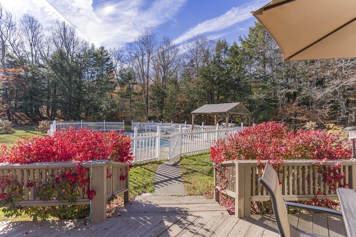 Pool area with red foliage, wooden deck, umbrella, and trees in the background.