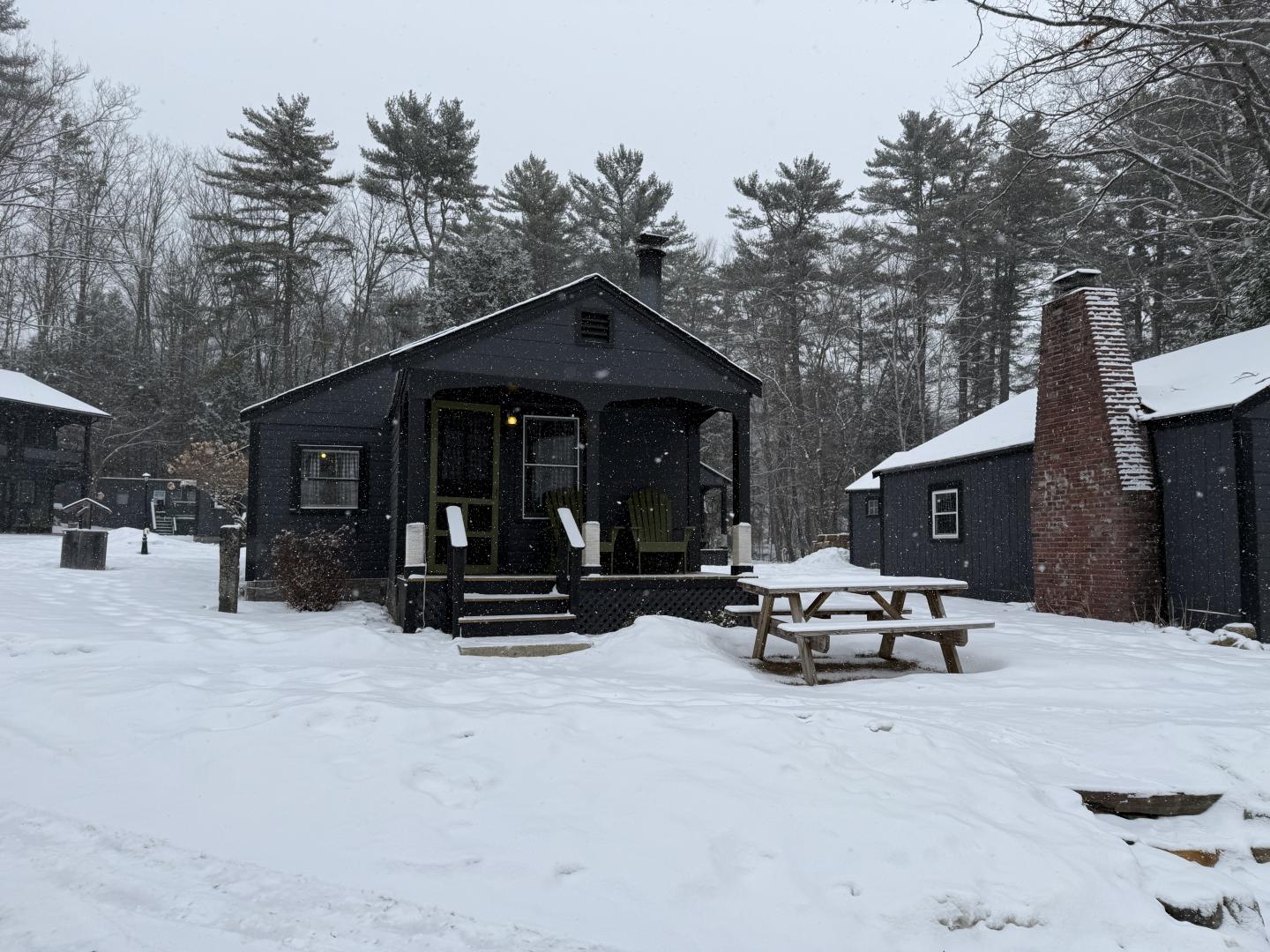 Snow-covered cabin surrounded by trees, with a picnic table in front.