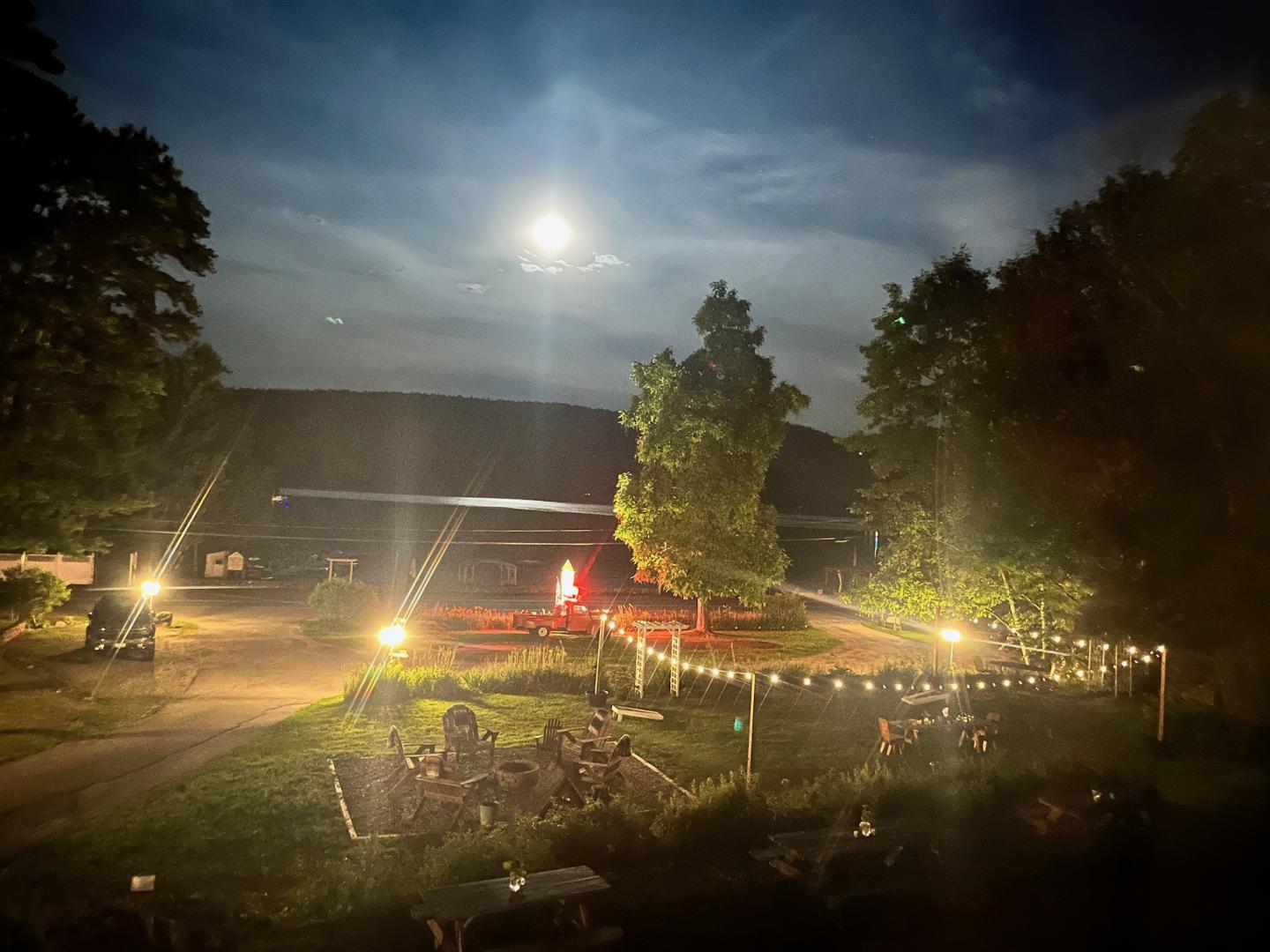 Nighttime yard with string lights, a bright moon, and a central tree.