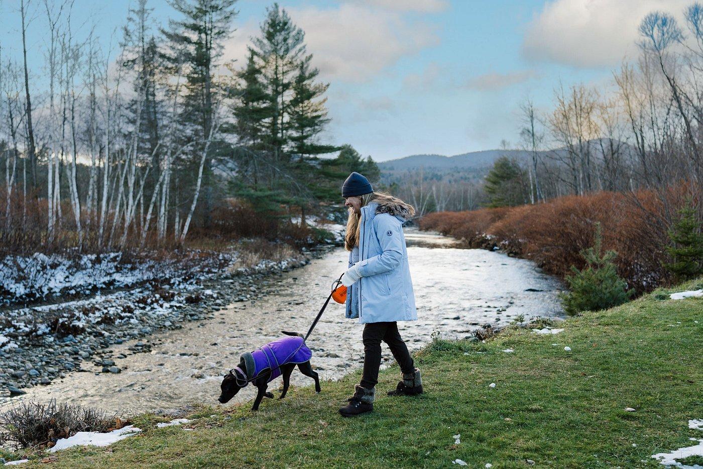 Woman walking dog by a snowy river in winter attire.