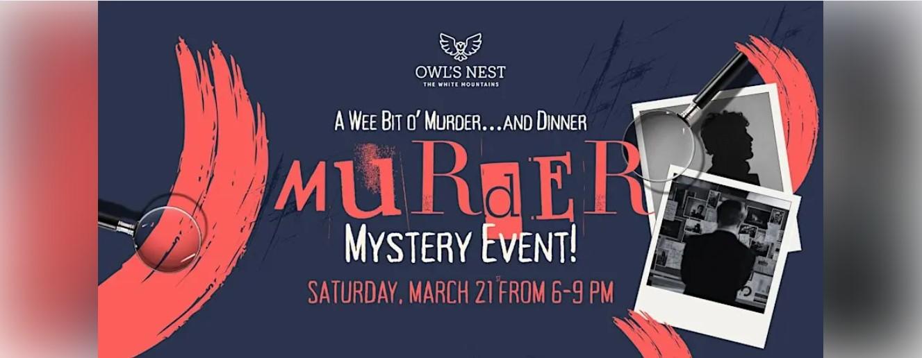 Murder mystery event banner with red and black graphics.
