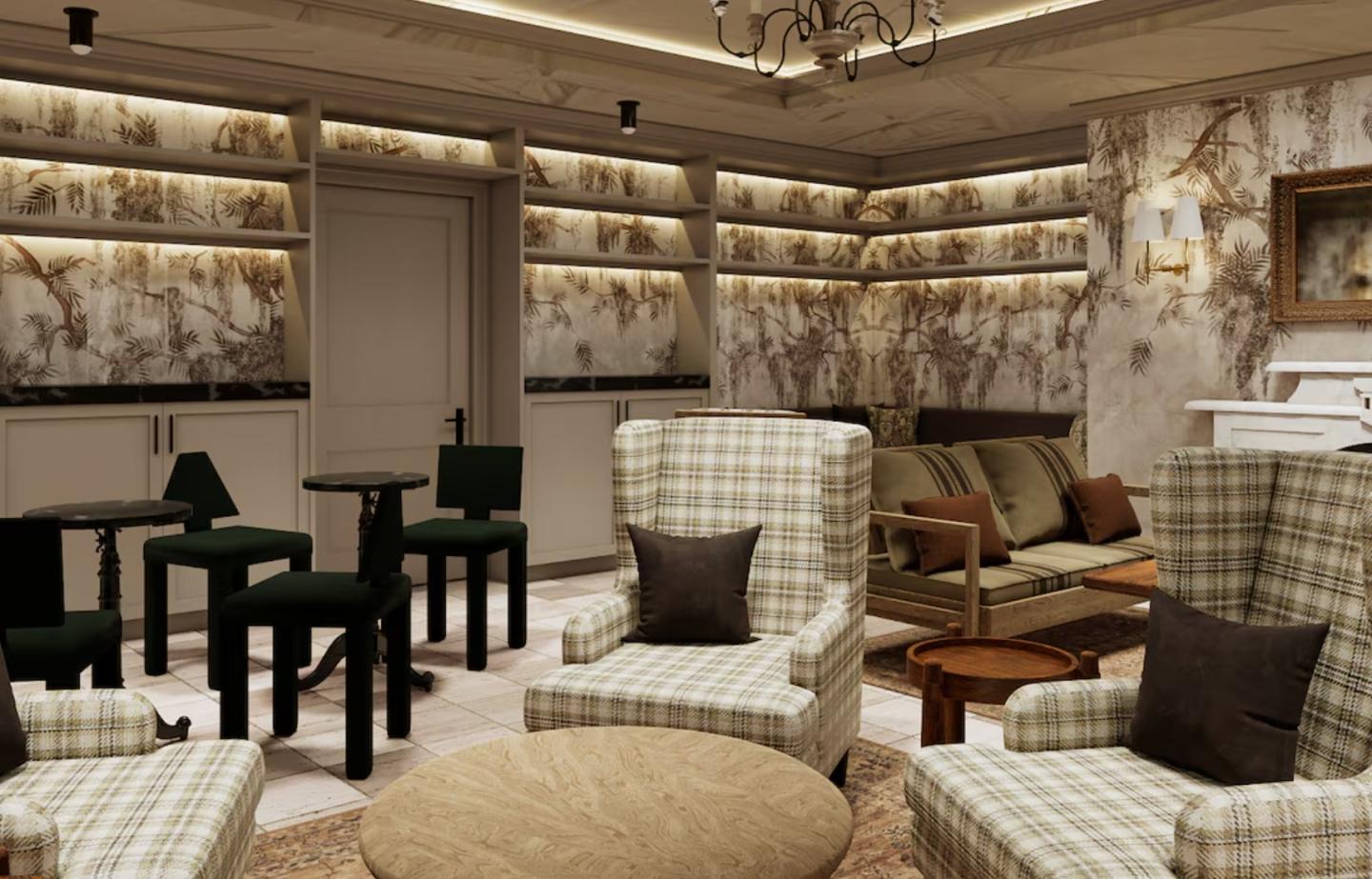 Cozy lounge with plaid chairs, small tables, and warm lighting.