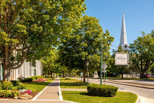 Tree-lined street with a sidewalk and a white steeple in the background, under a clear blue sky.
