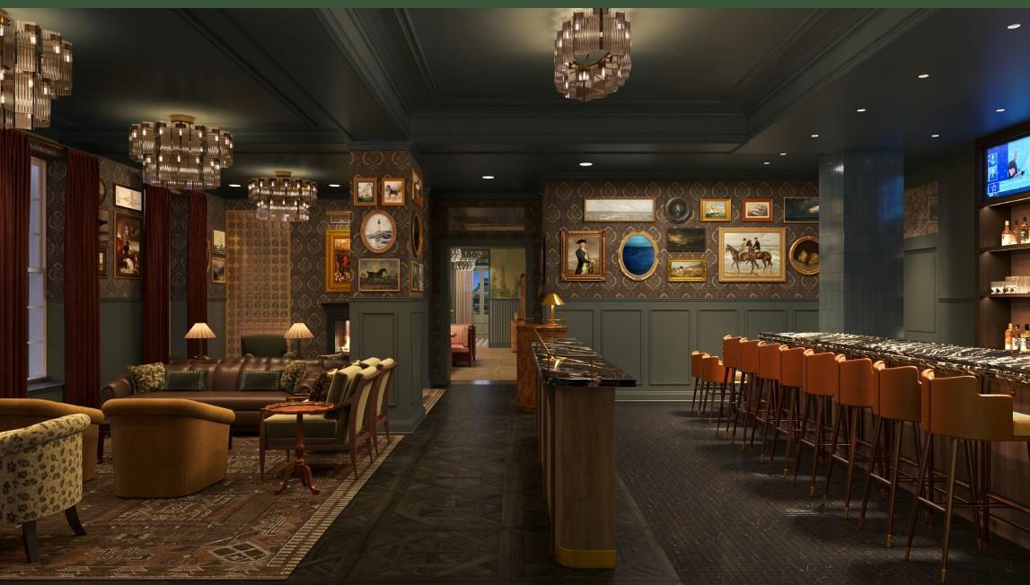 Luxurious bar with brown leather stools, plush seating, and framed art on dark walls.