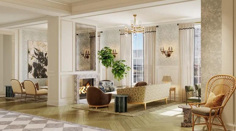 Elegant living room with large windows, a fireplace, and stylish furniture.