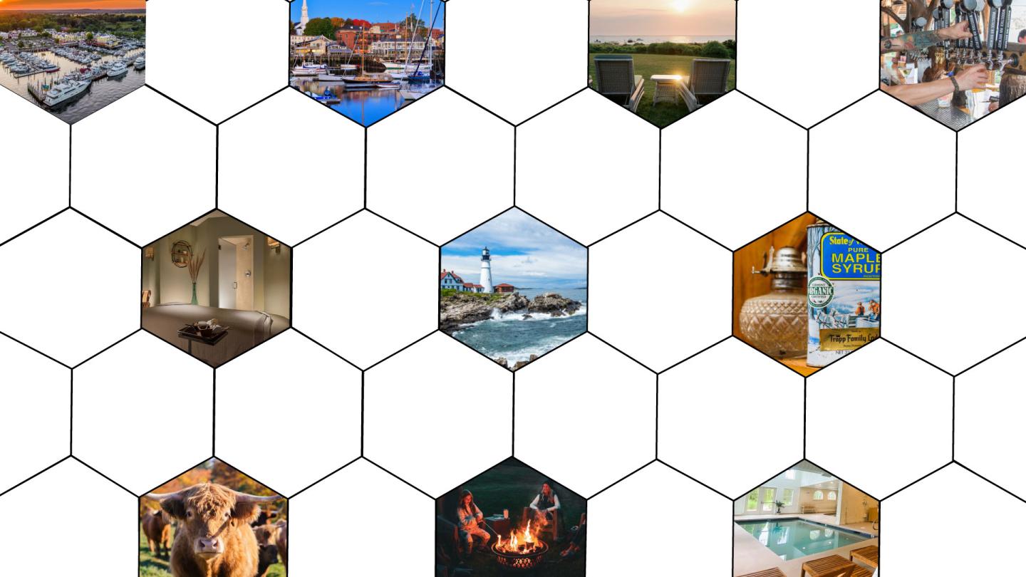 Hexagonal grid with photos of scenery, animals, lighthouse, fire, and interiors.