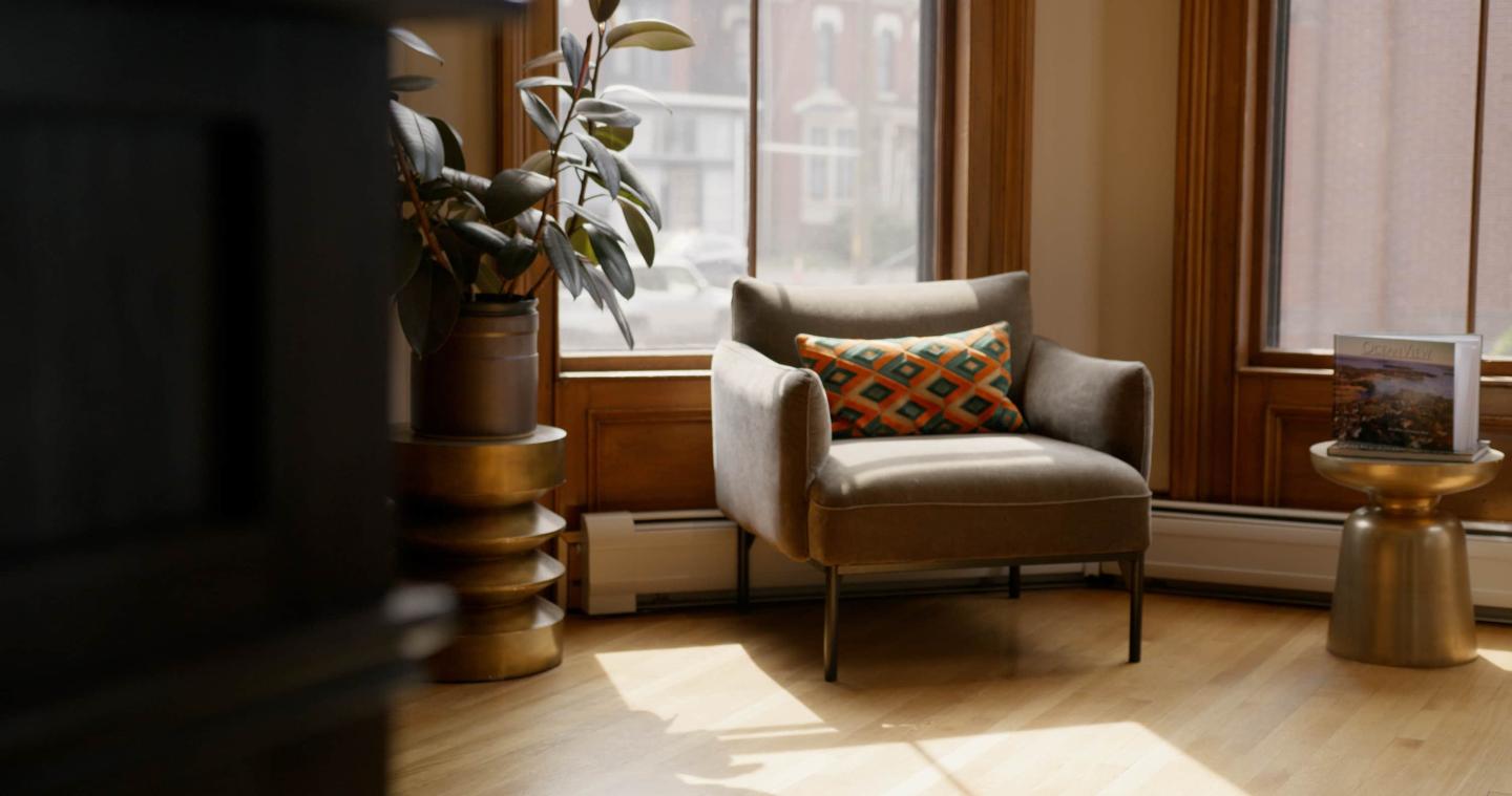 Cozy living room corner with an armchair, patterned cushion, and plant.