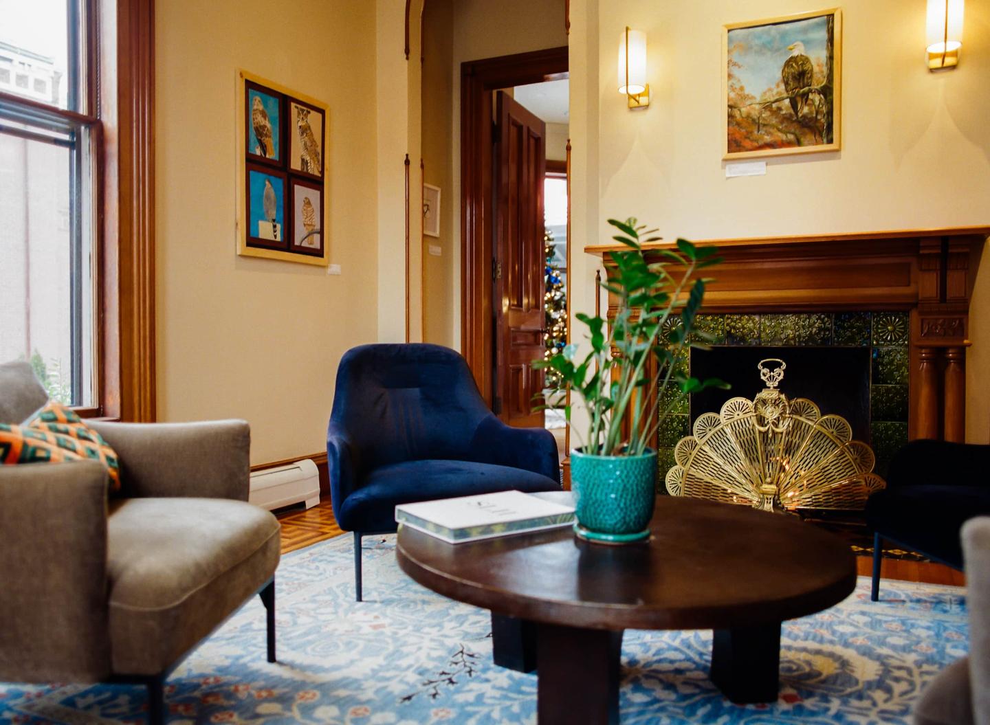 Cozy living room with plants, armchairs, and a fireplace.