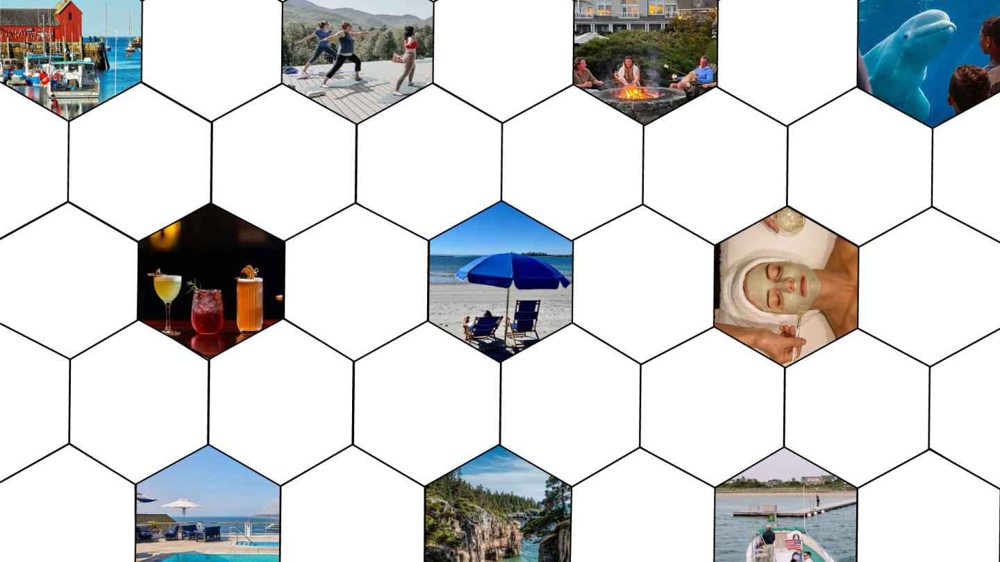 Hexagonal collage of travel scenes, beaches, and drinks.