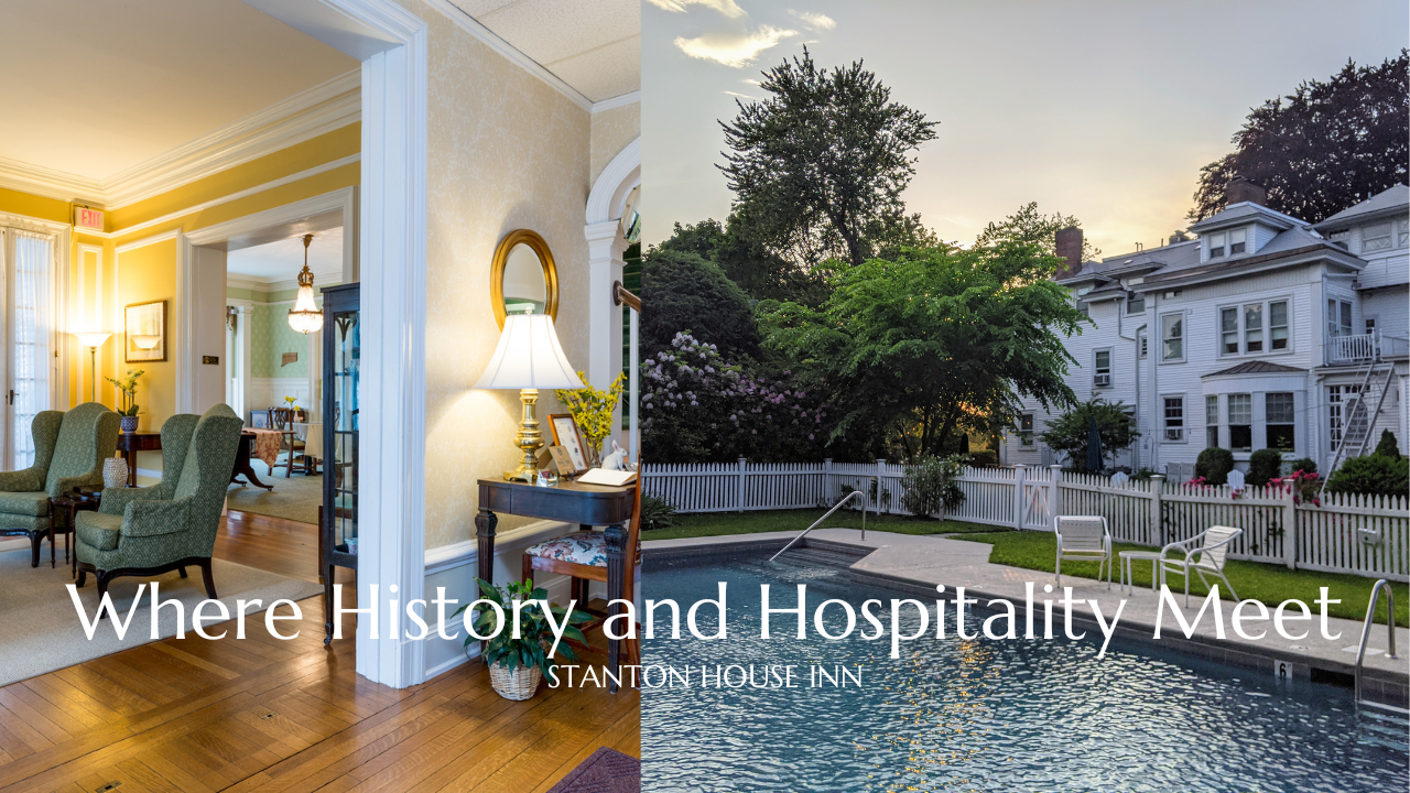 Historic inn interior and exterior with lush garden and pool.
