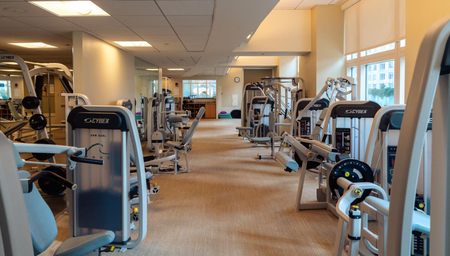 Spacious gym with various exercise machines and natural light.