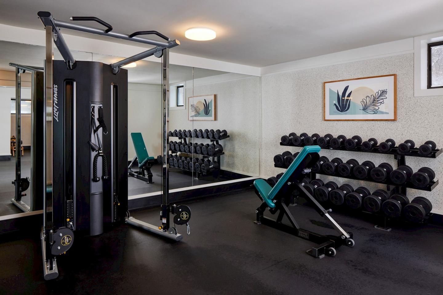 Modern gym with weights, a bench, and exercise machines.