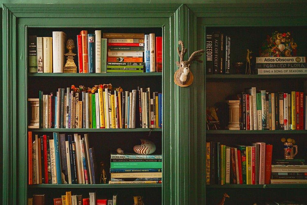 Bookshelves with colorful books and decorations, green frame.