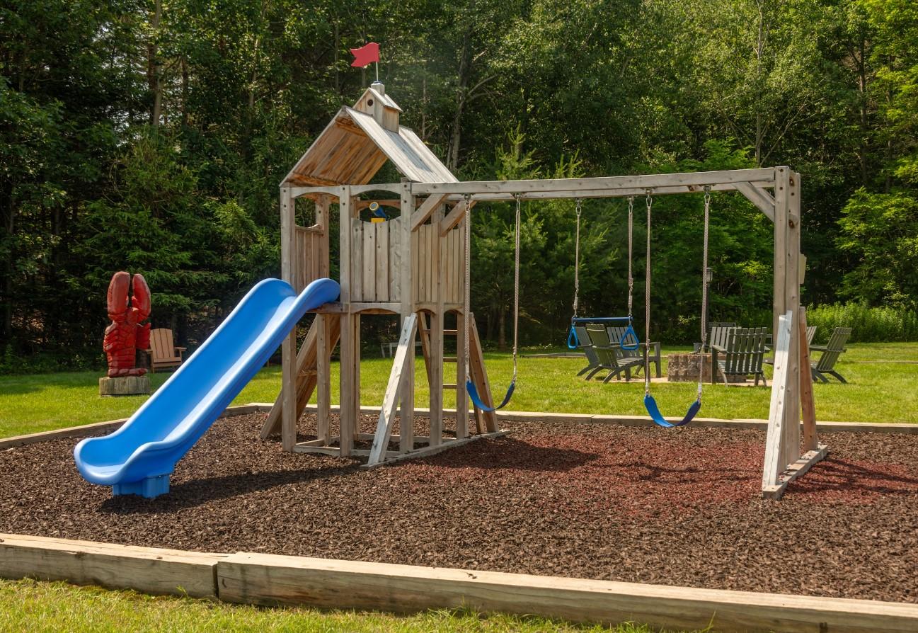 Playground set with blue slide and swings in a grassy area.