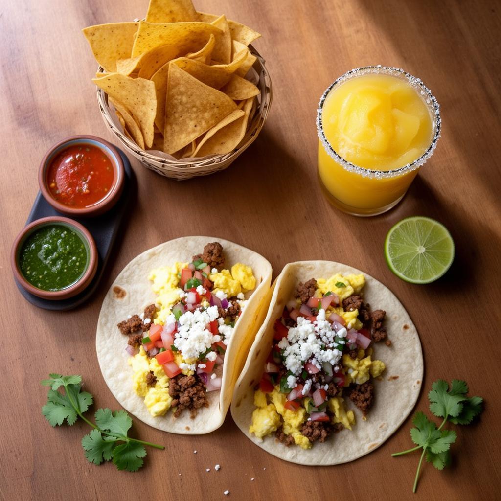 Tacos with salsa, tortilla chips, and a mango drink on a wooden table.