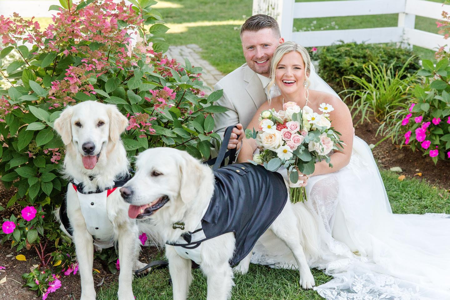 Couple posing with two dogs in a garden, one dog in a tuxedo vest.