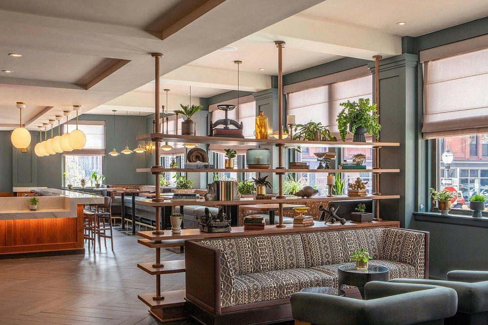 Modern cafe interior with shelves, plants, and cozy seating.