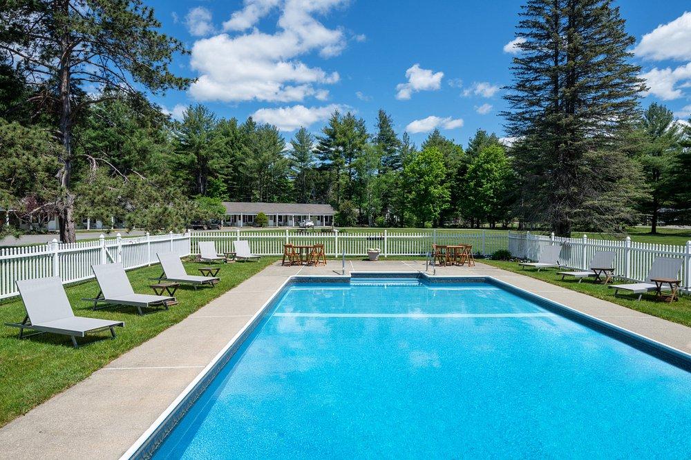 Outdoor swimming pool with lounge chairs, surrounded by trees under a blue sky.