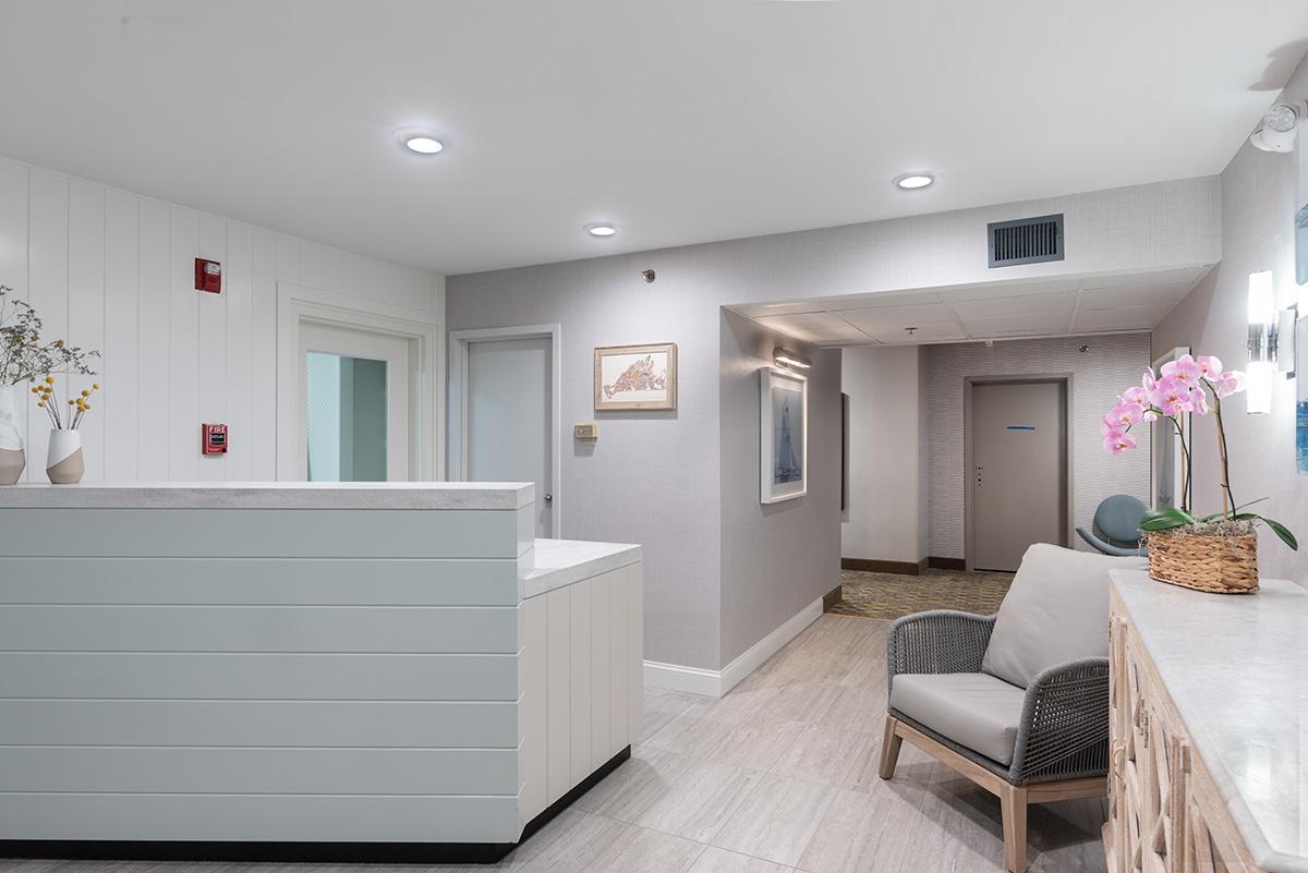 Modern dental office reception with gray desk, seating, and orchid.