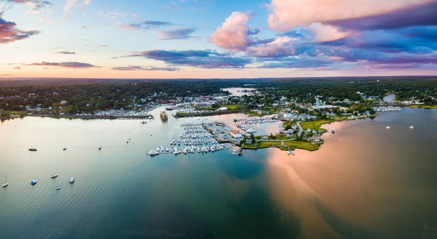Colorful sunset over coastal town