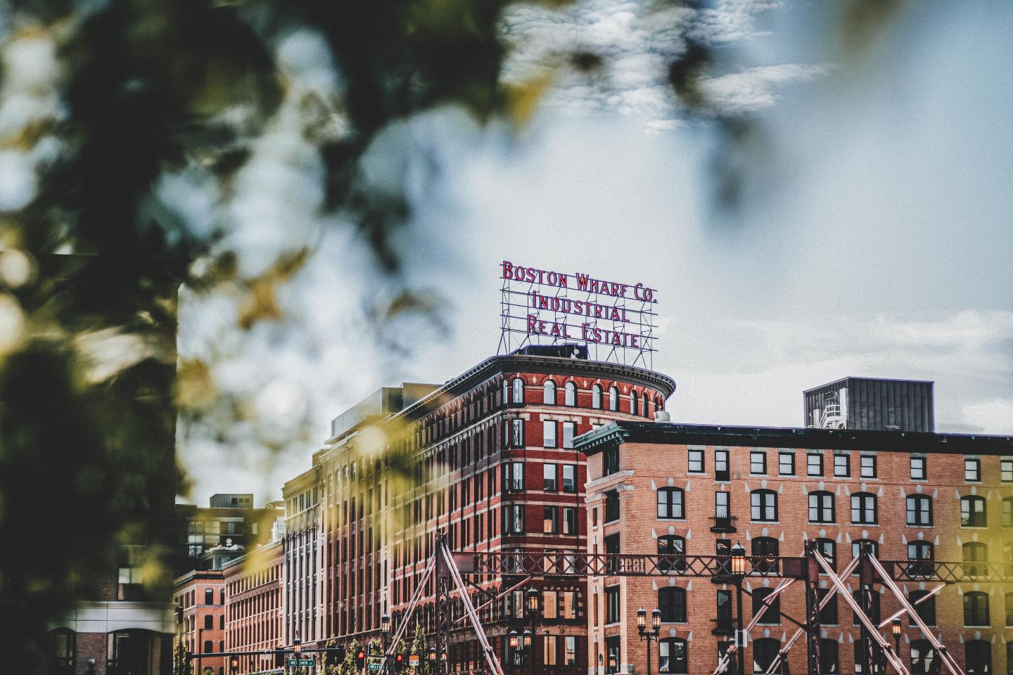 Boston warehouse with trees in foreground