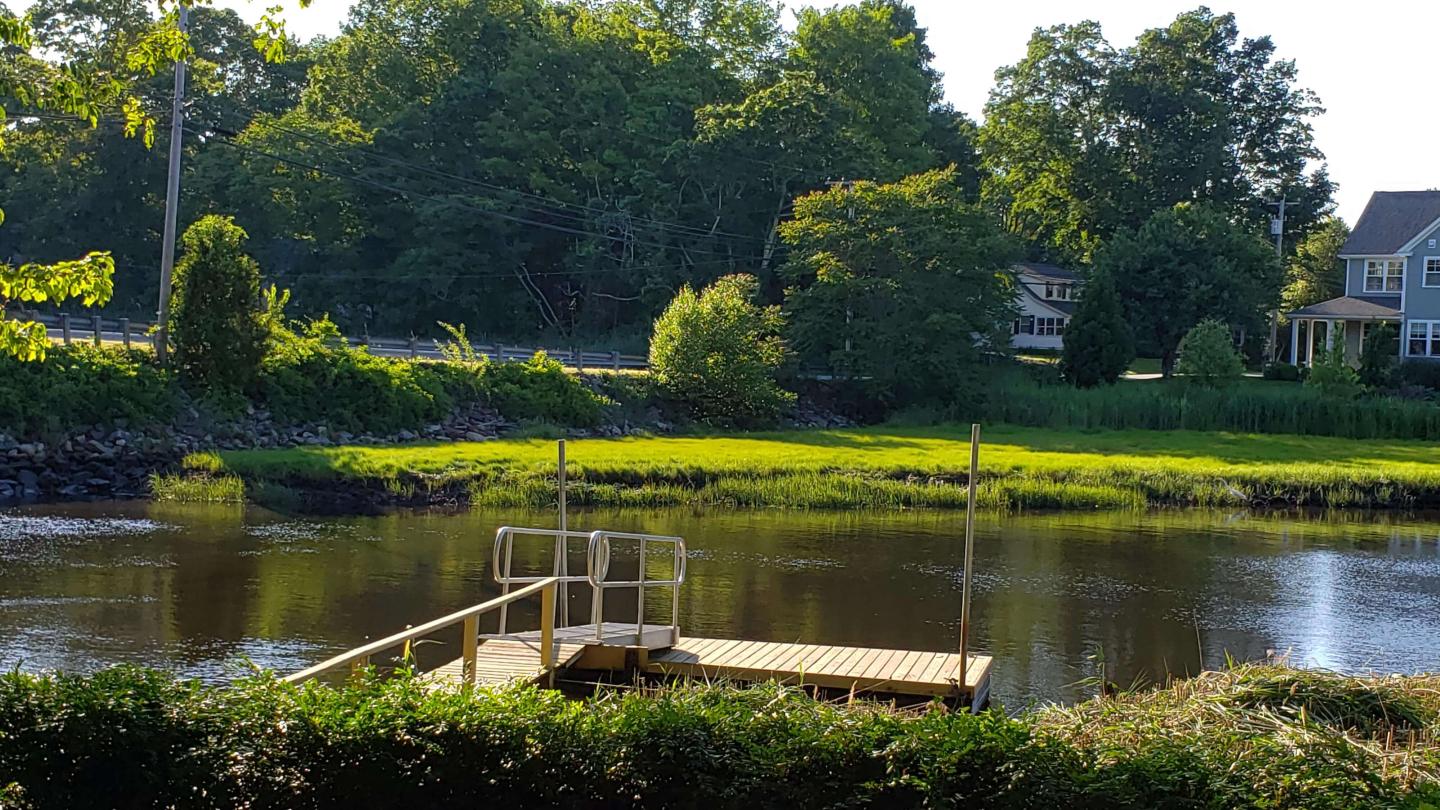 A deck on a serene river in the Spring