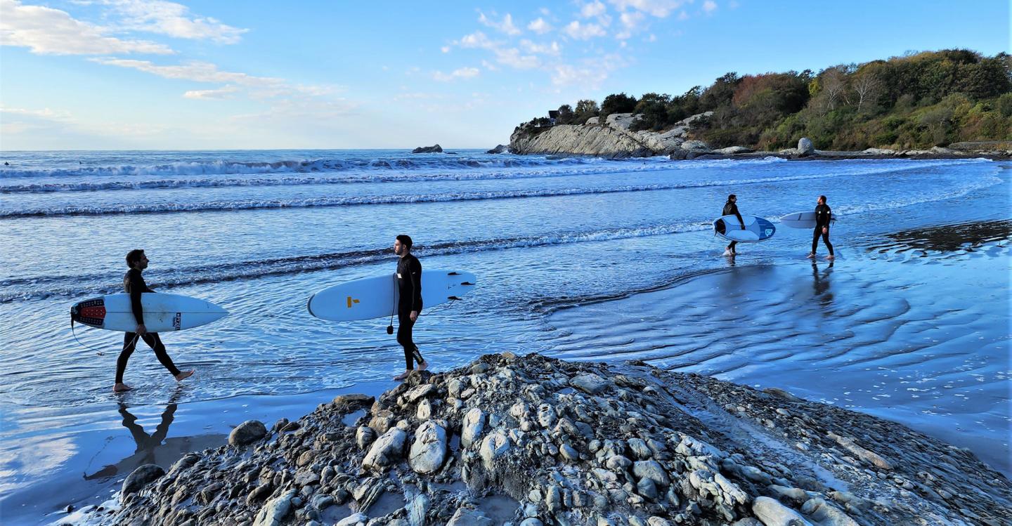 surfers walking along shore