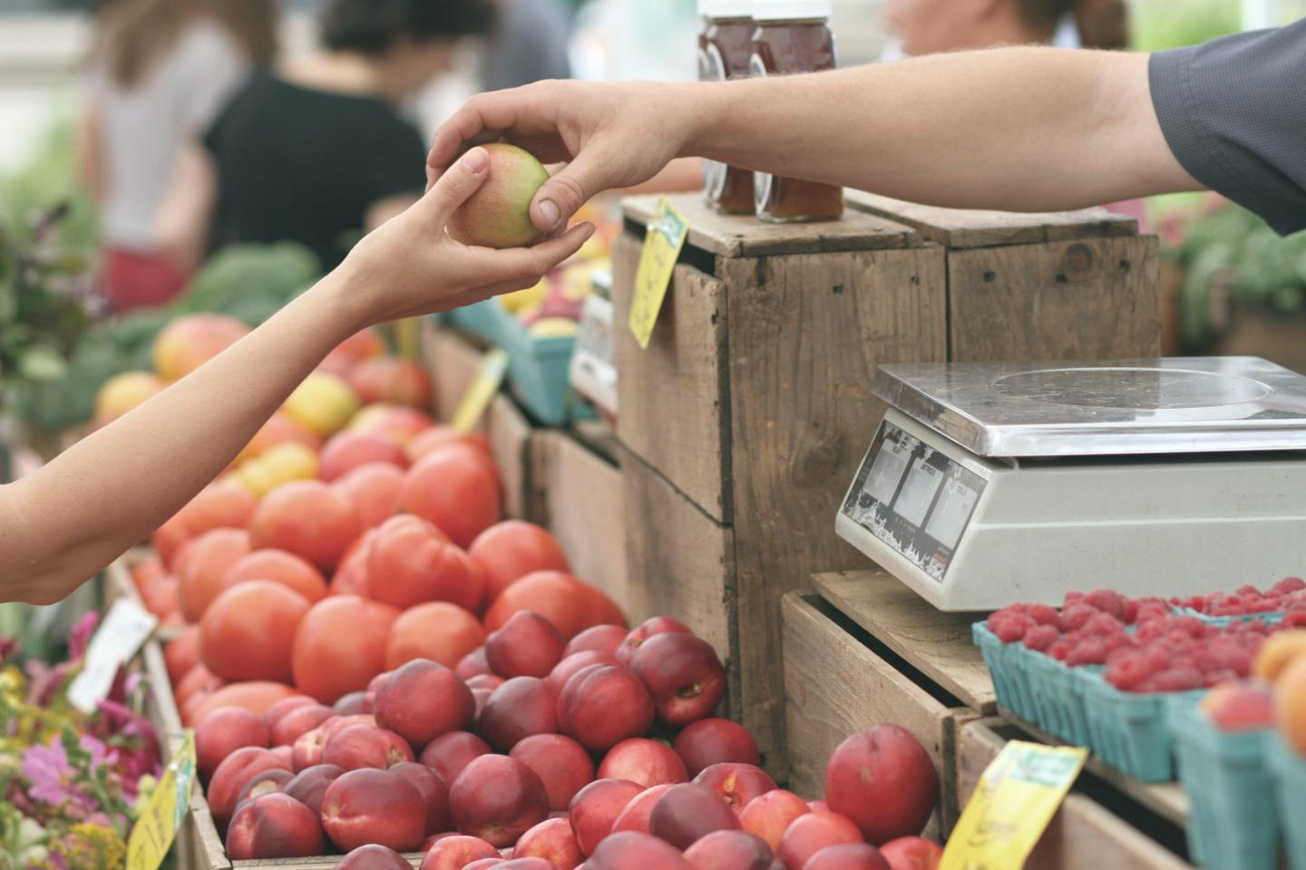 Person purchasing apples from a vendor at a farmers market