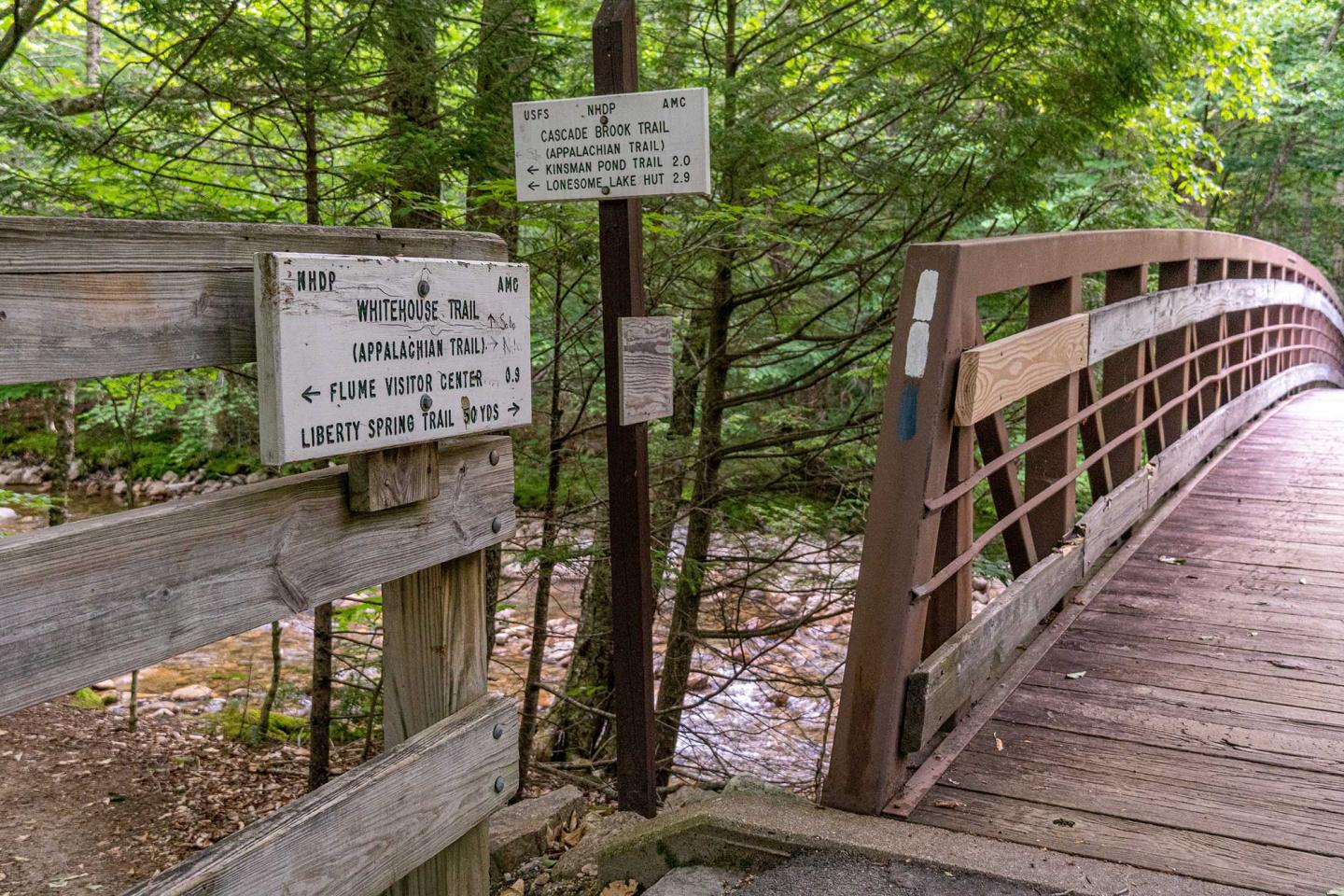 Trail signs next to wooden bridge in the forest