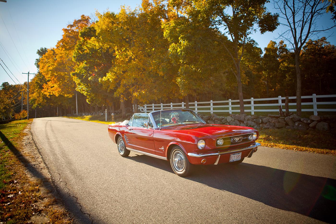 red car driving on road with fall leaves in the background